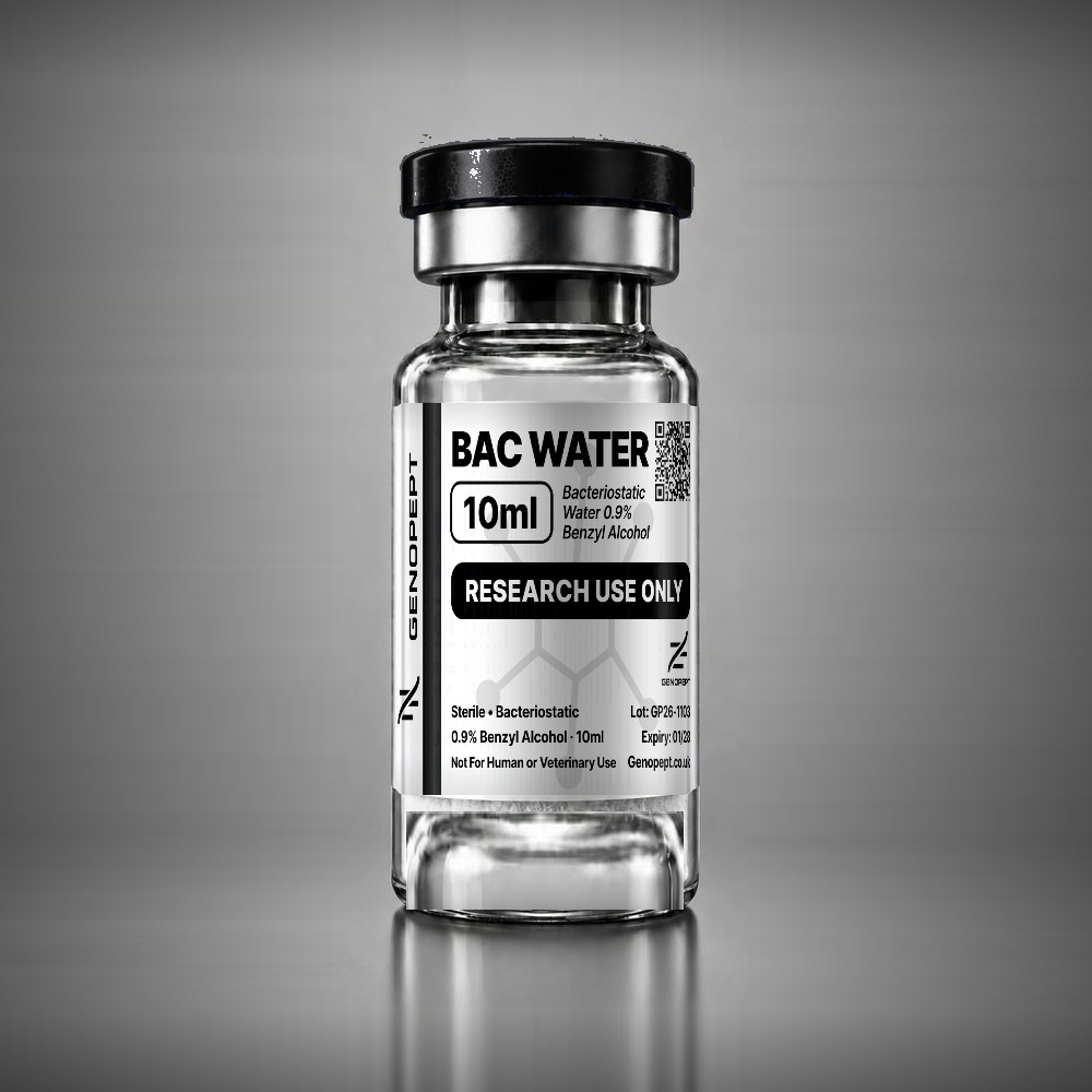 Bacteriostatic water 10ml vial, 0.9% benzyl alcohol, sealed multi-dose diluent for research peptides – GenoPept UK