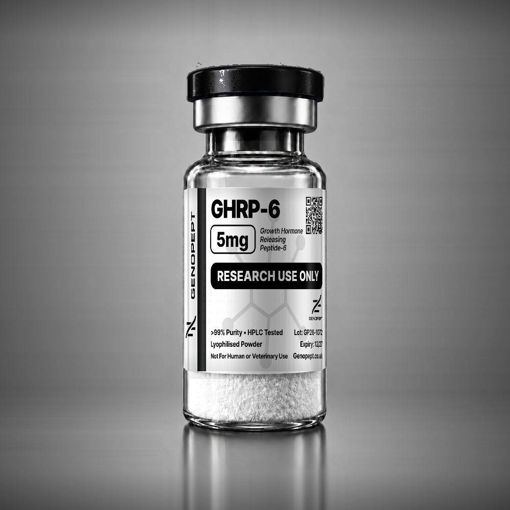 GHRP-6 research peptide vial, lyophilised powder, black cap - GenoPept UK