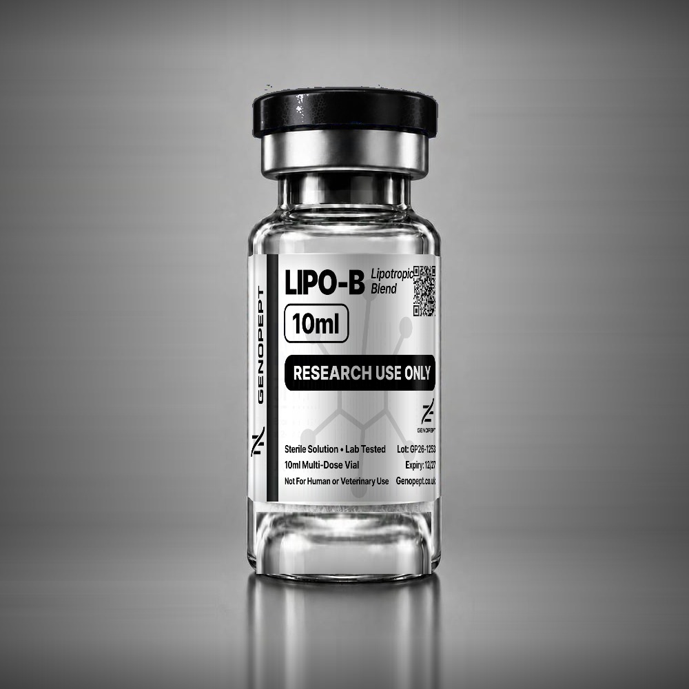 Lipo-B 10ml lipotropic and vitamin B12 research solution vial, sealed multi-dose, black cap – GenoPept UK