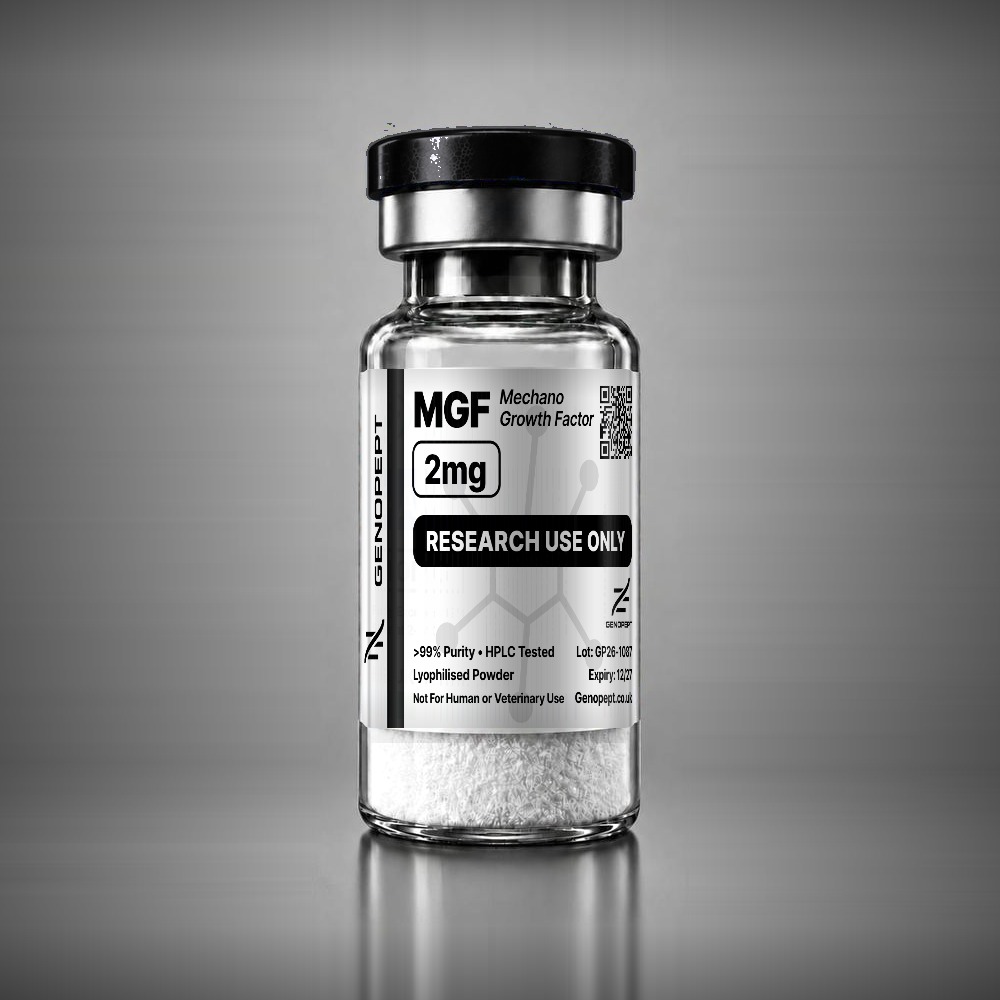 MGF Mechano Growth Factor 2mg research peptide vial, lyophilised powder, black cap – GenoPept UK
