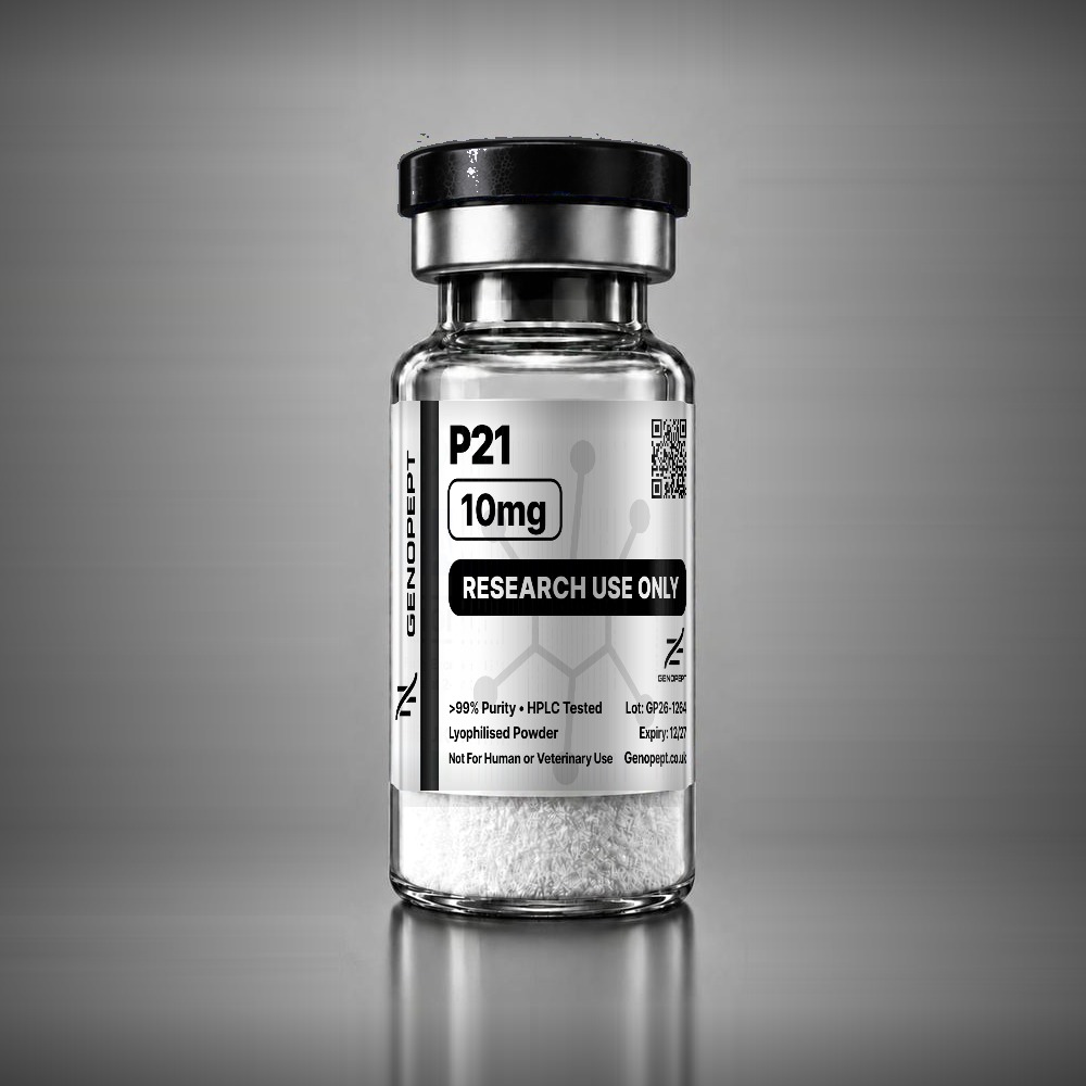P21 P021 10mg research peptide vial, lyophilised powder, black cap – GenoPept UK
