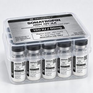 Somatropin HGH 191-AA Research Kit – 150 IU kit, angled: 10 GenoPept somatropin vials in clear box, black caps, white lyophilised powder