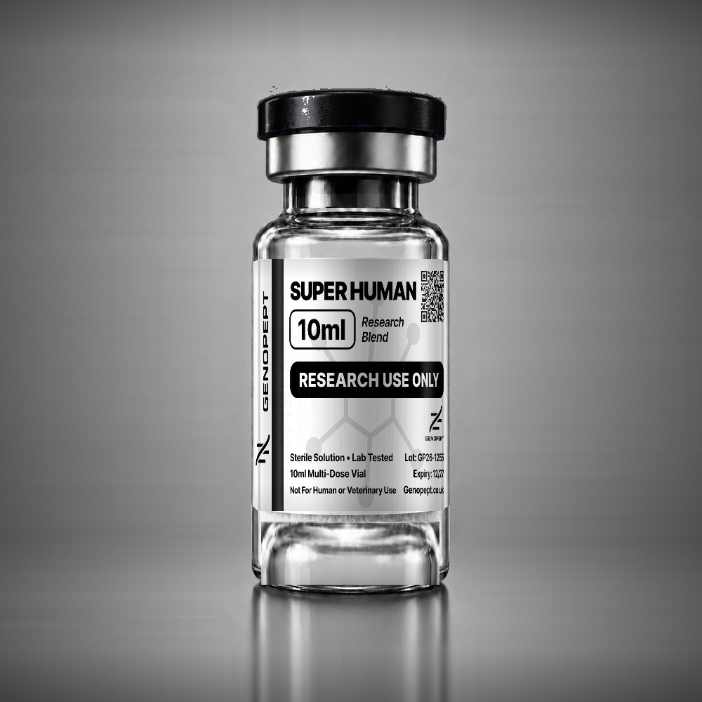 Super Human Blend 10ml metabolic-support research solution vial, sealed multi-dose, black cap – GenoPept UK