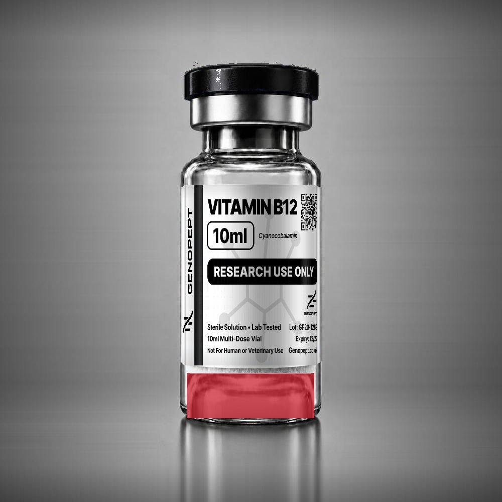 Vitamin B12 10ml cobalamin research solution vial, red liquid, sealed multi-dose, black cap – GenoPept UK